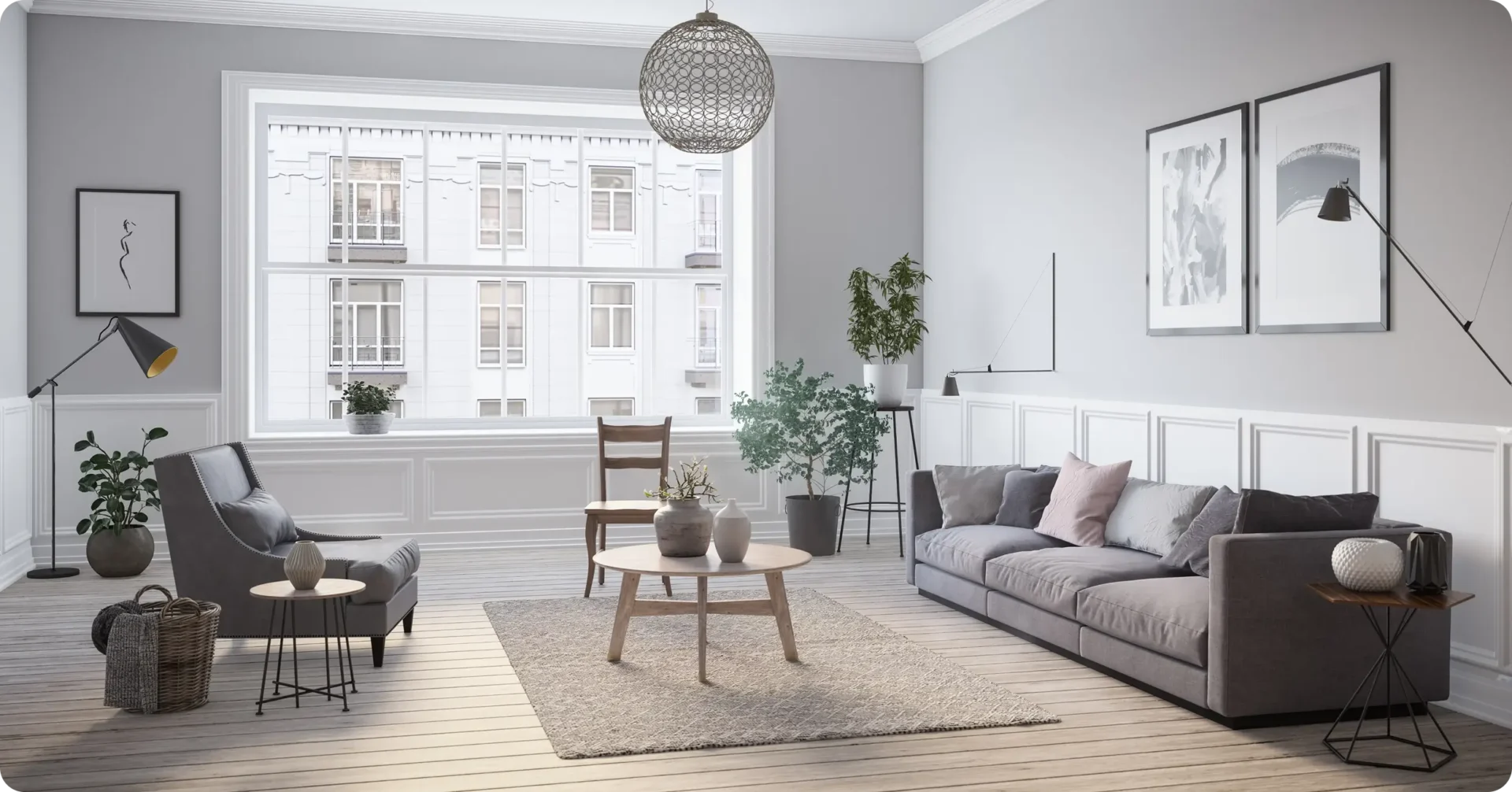 Modern living room with gray furniture.