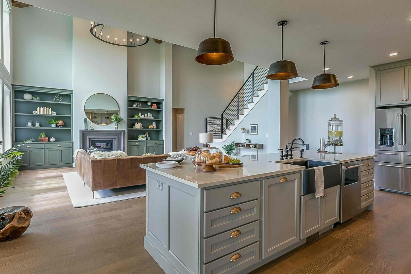 Modern kitchen and living room interior design.