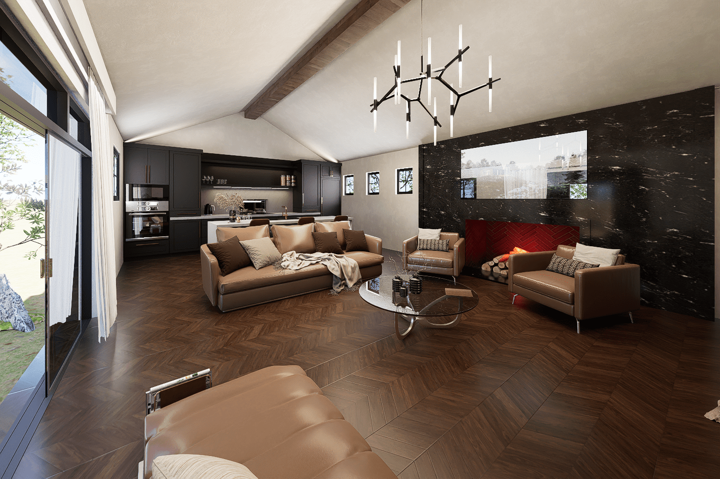 A living room with brown couches and a television.