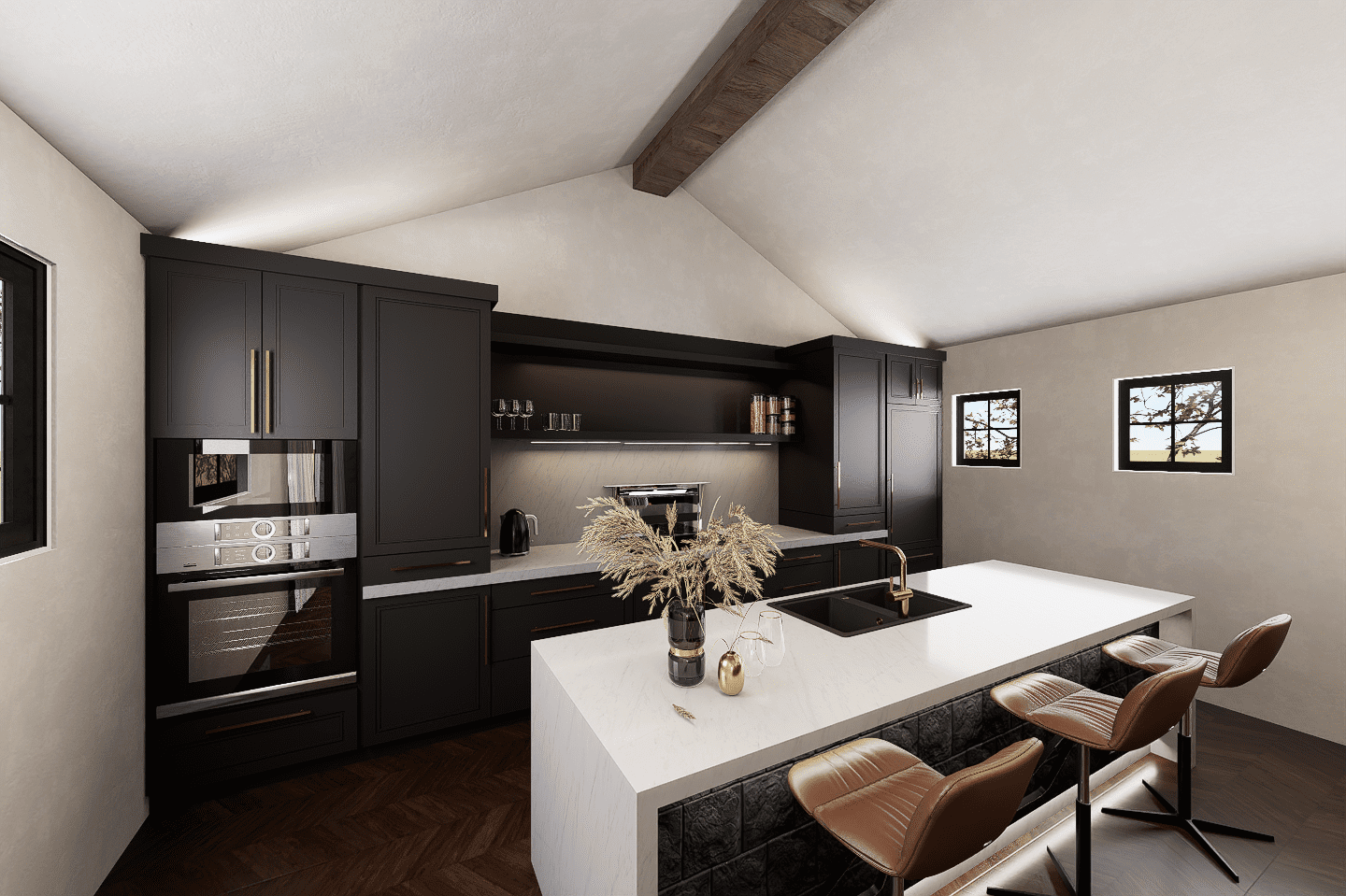 A kitchen with black cabinets and white counters.