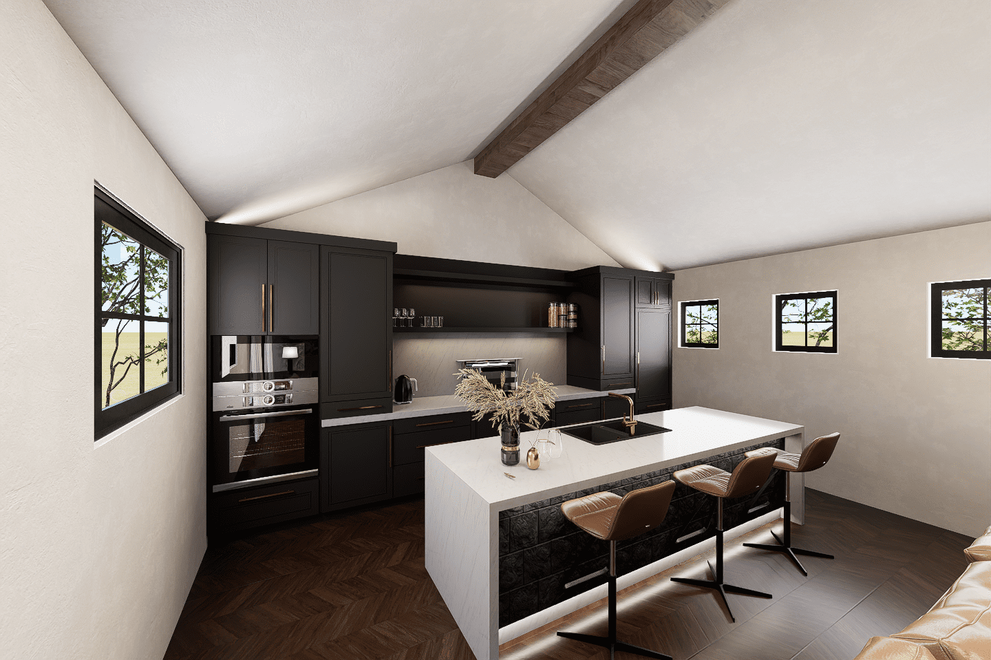 A kitchen with black and white cabinets, an island in the middle of it.