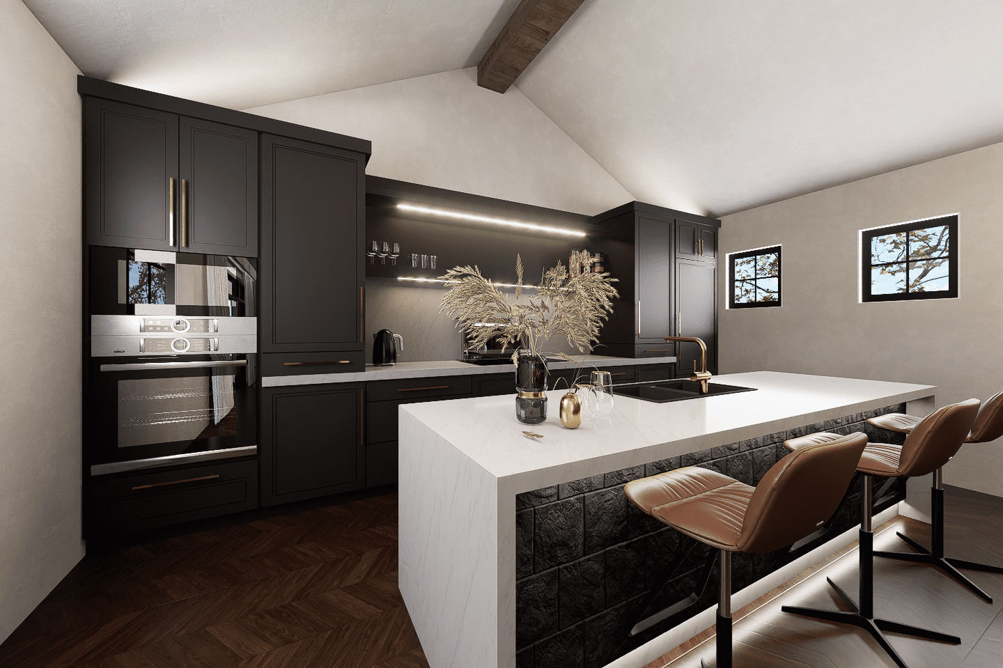 A kitchen with black and white cabinets, a bar and a counter.
