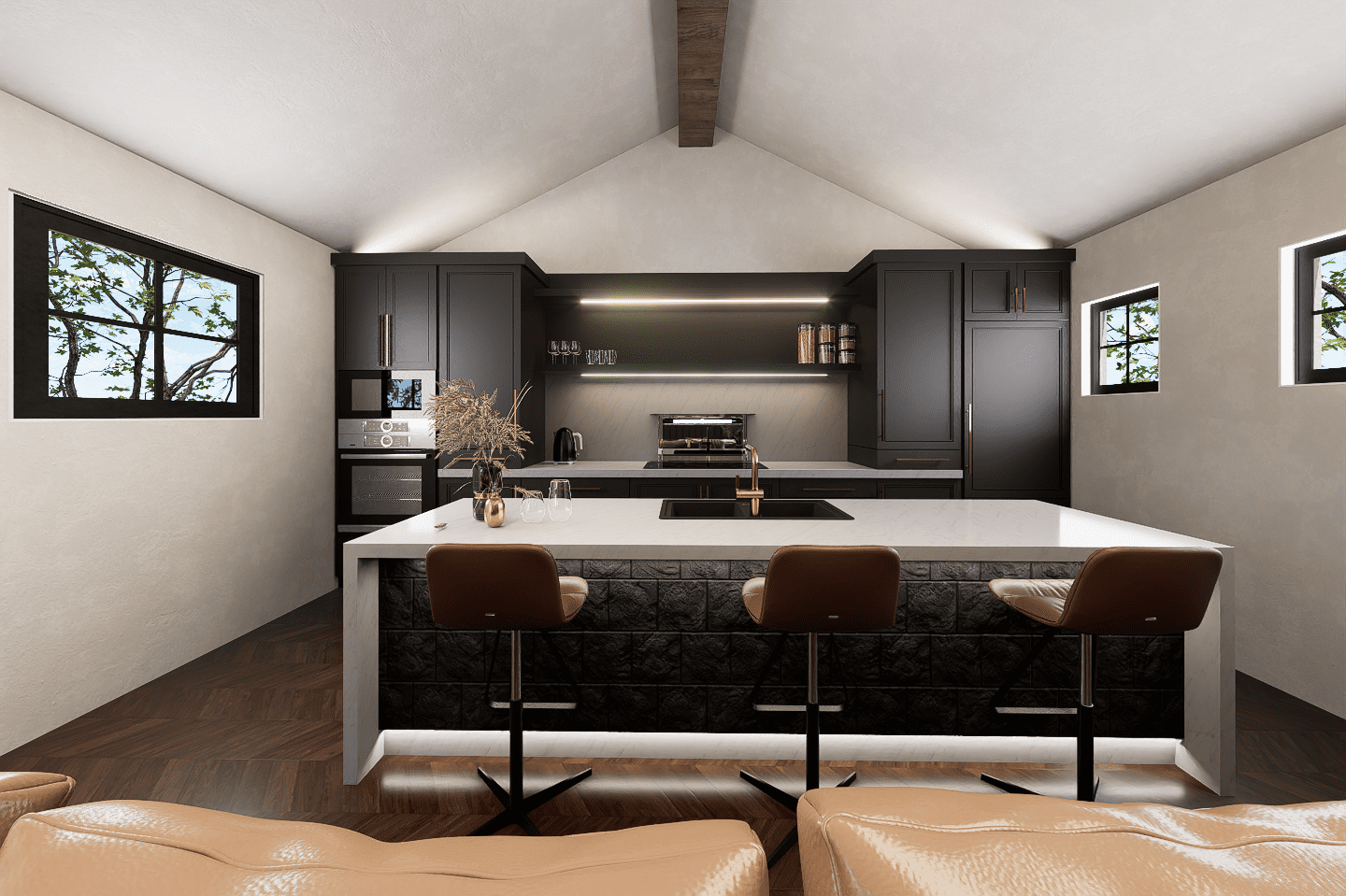 A kitchen with black and white cabinets, brown leather stools.