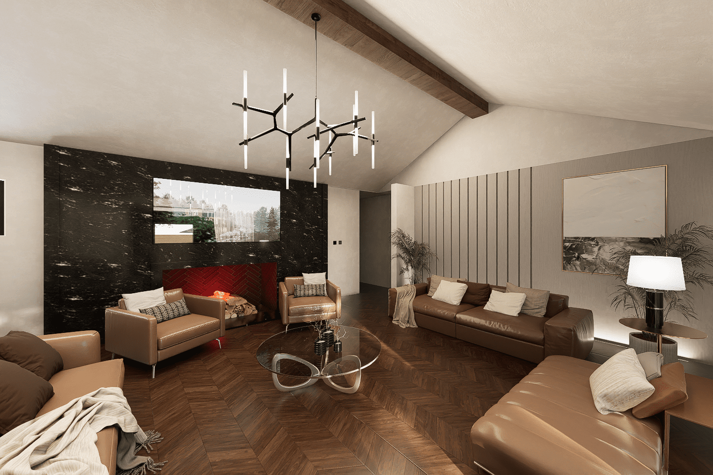 A living room with brown leather furniture and a large window.