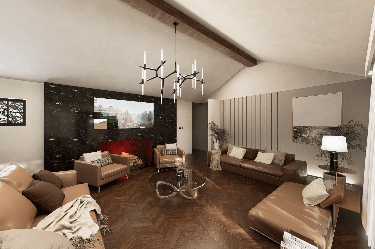 A living room with many couches and chairs