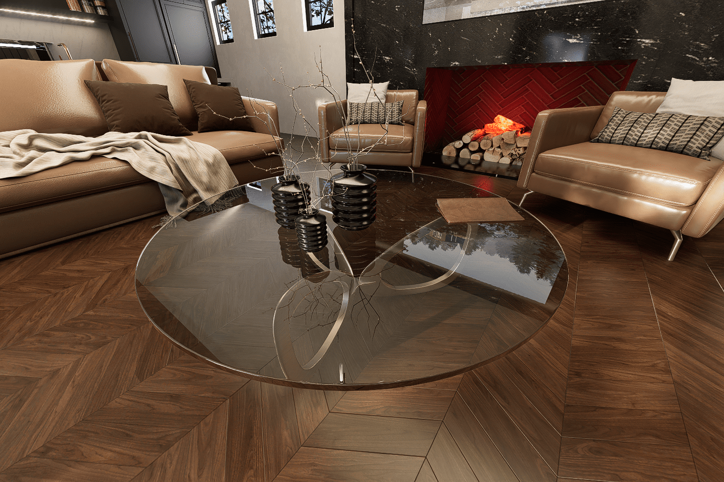A living room with a fireplace and a glass table