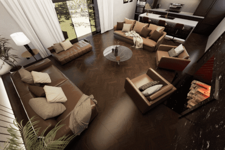 Overhead view of brown leather seating and fireplace