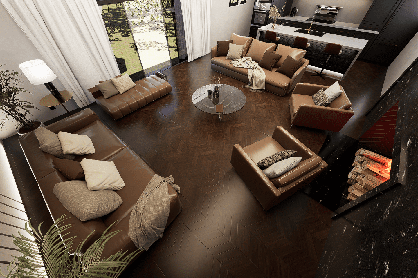 A living room with many couches and chairs