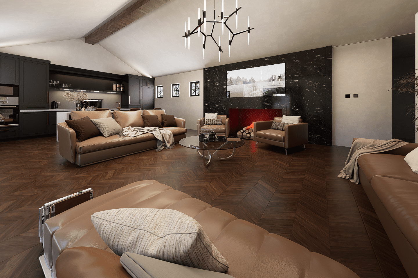 A living room with brown furniture and a large flat screen tv.