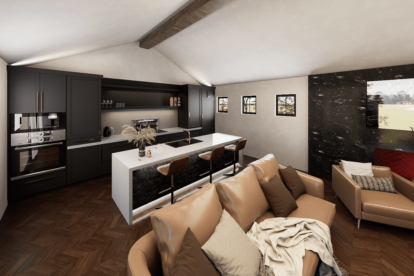 A living room with a couch and bar in it