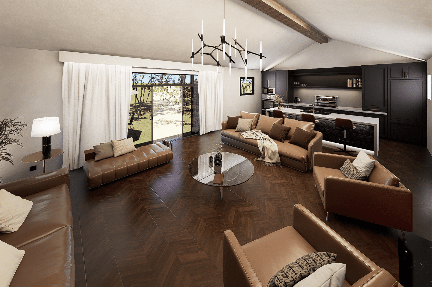 A living room with many couches and chairs