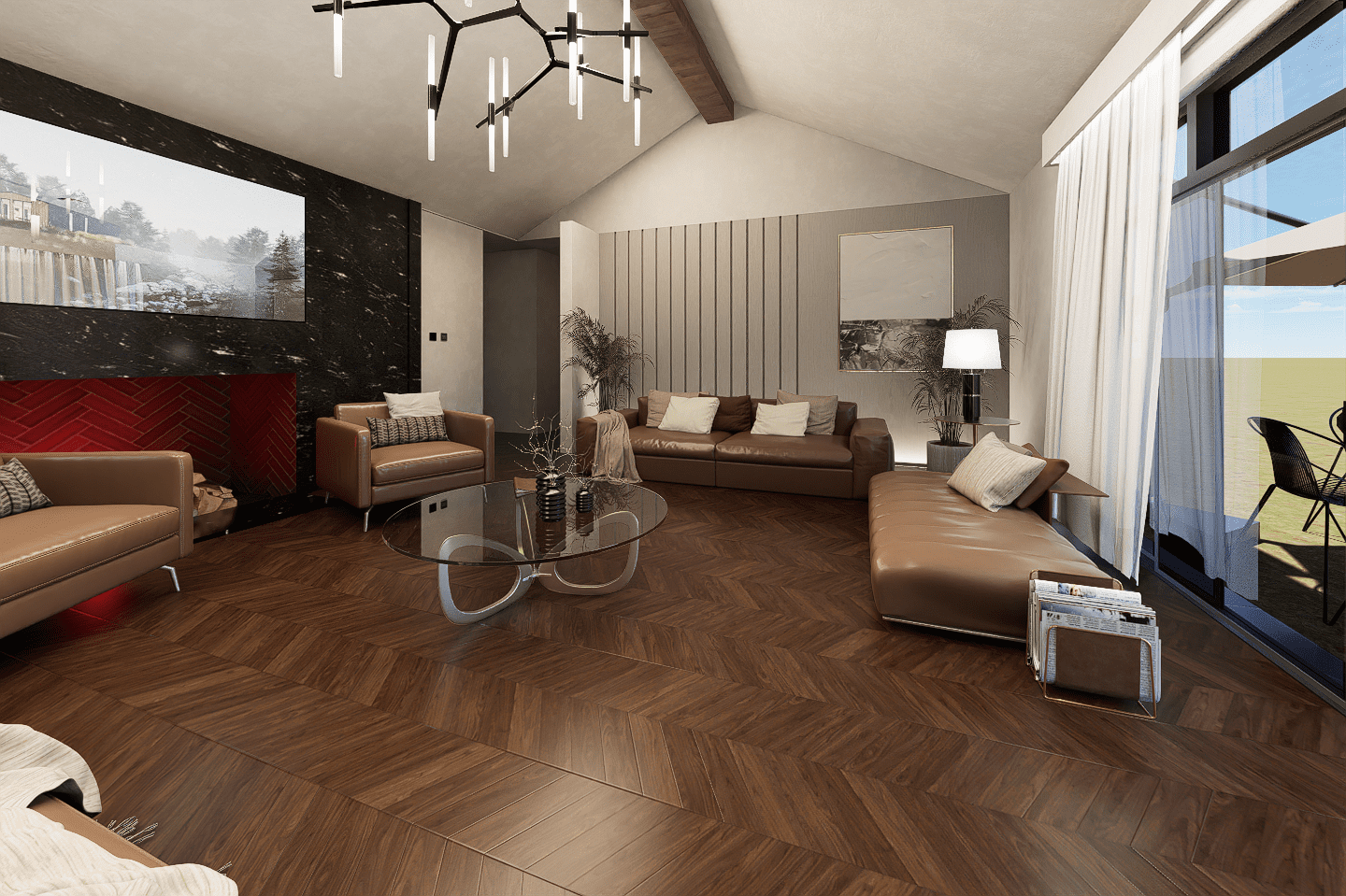 A living room with brown furniture and white walls.