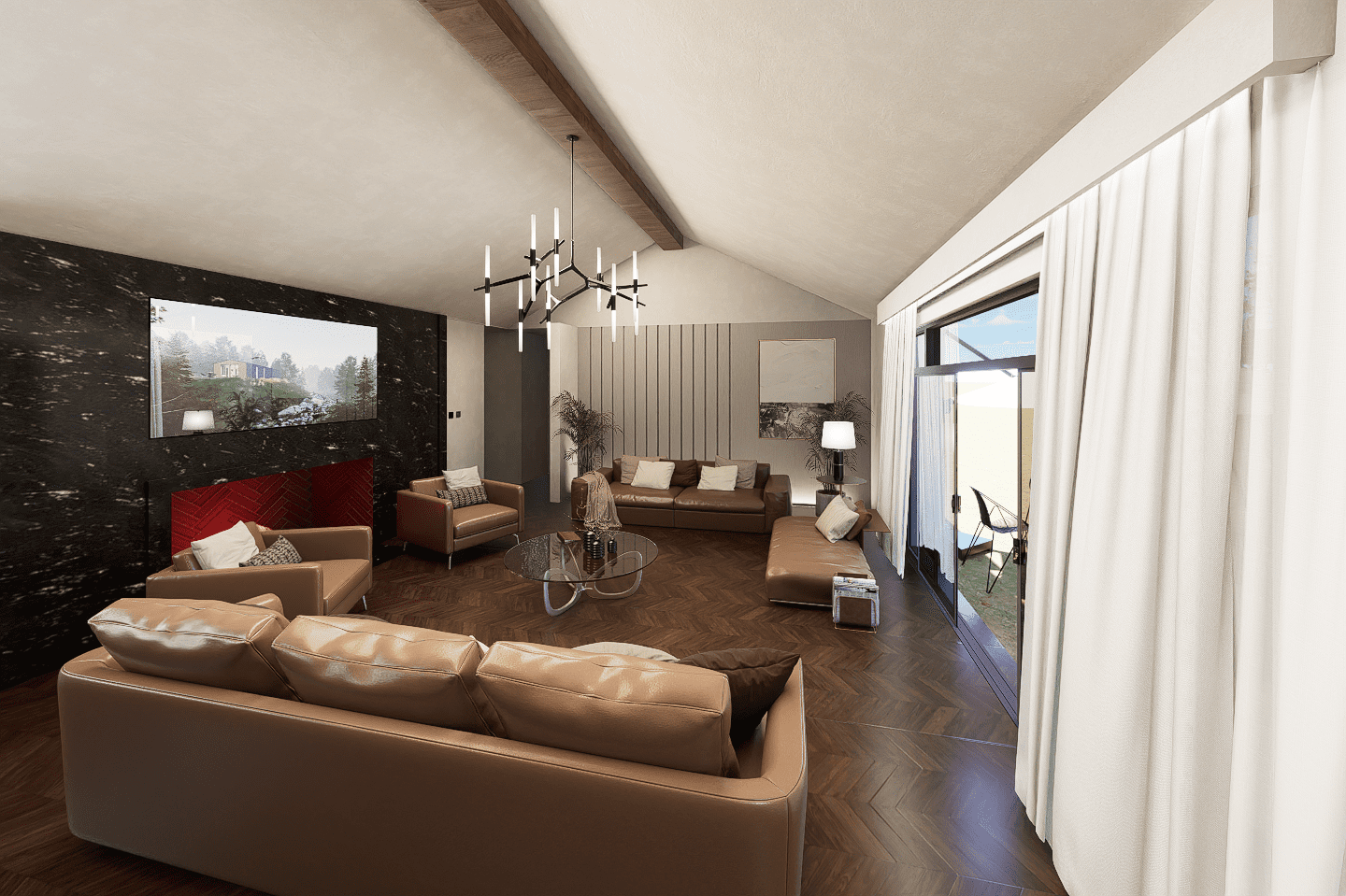 A living room with couches and a television.