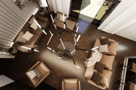 Top-down view of leather sofas and table