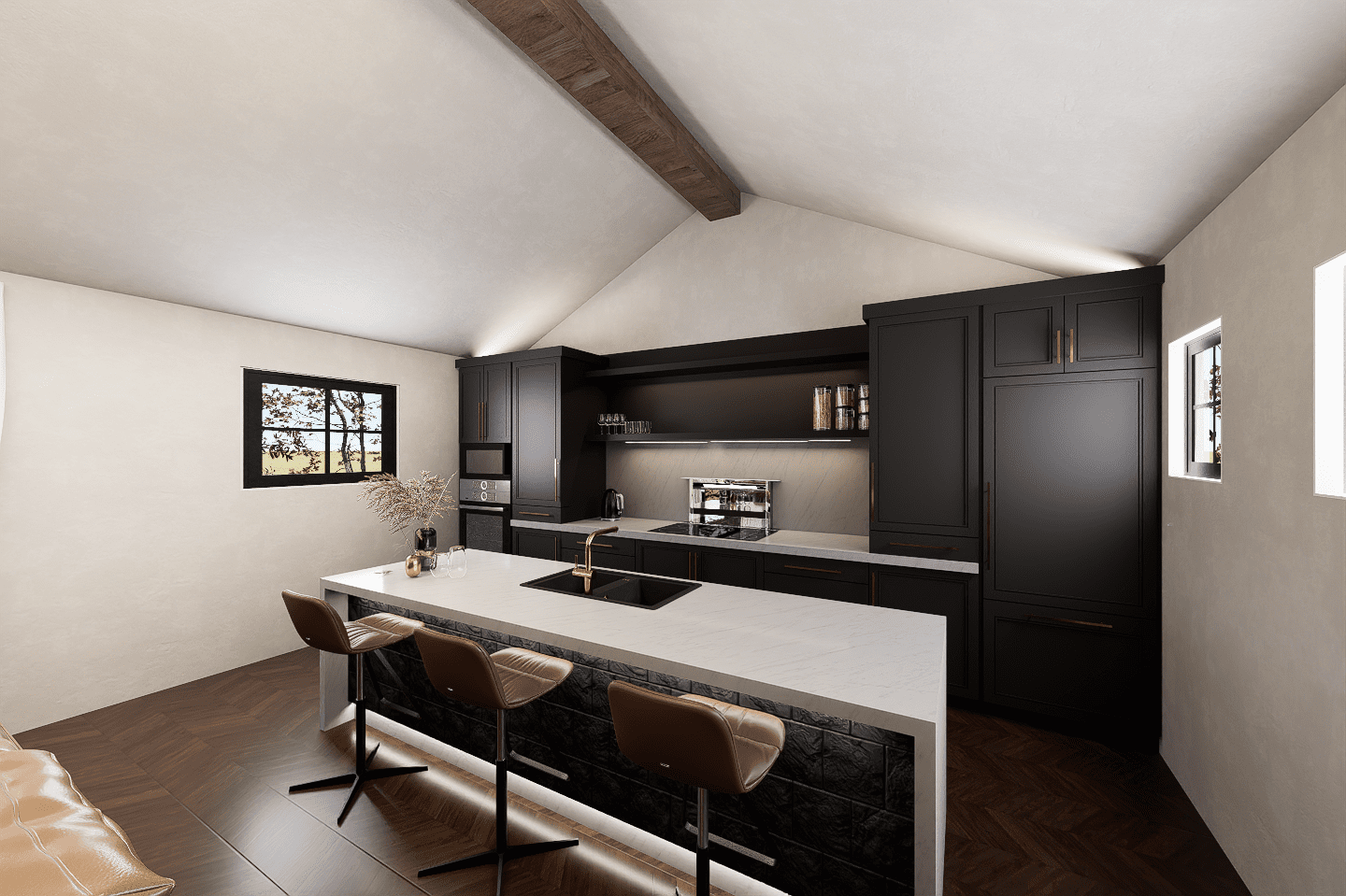 A kitchen with black cabinets and white counter tops.