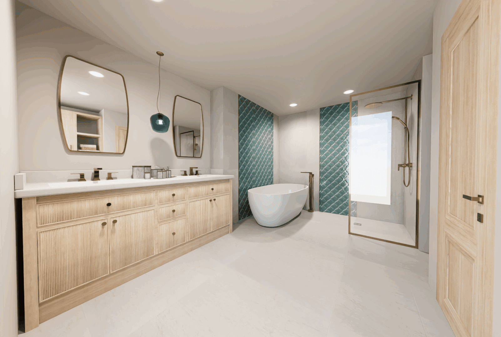 Modern bathroom with bathtub and wooden cabinets.