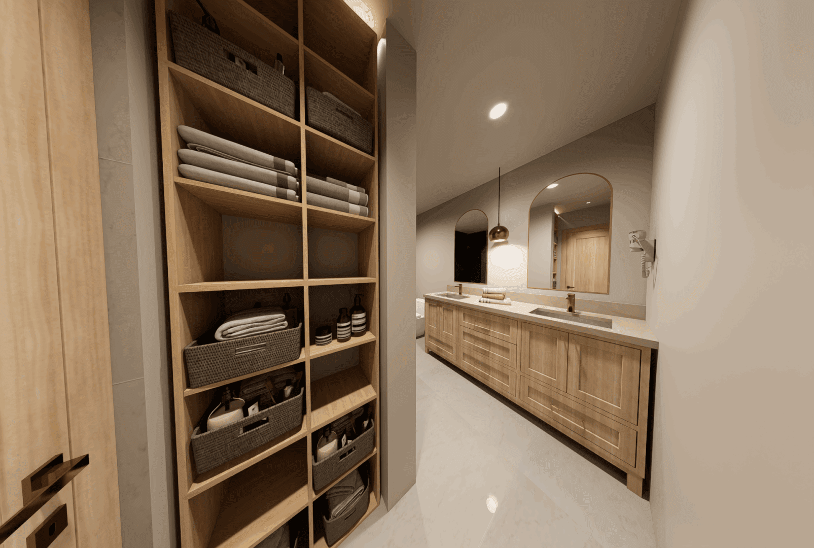 Modern bathroom with wooden shelves and vanity.