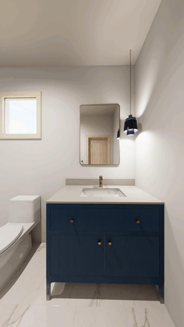 Bathroom vanity with sink and mirror.