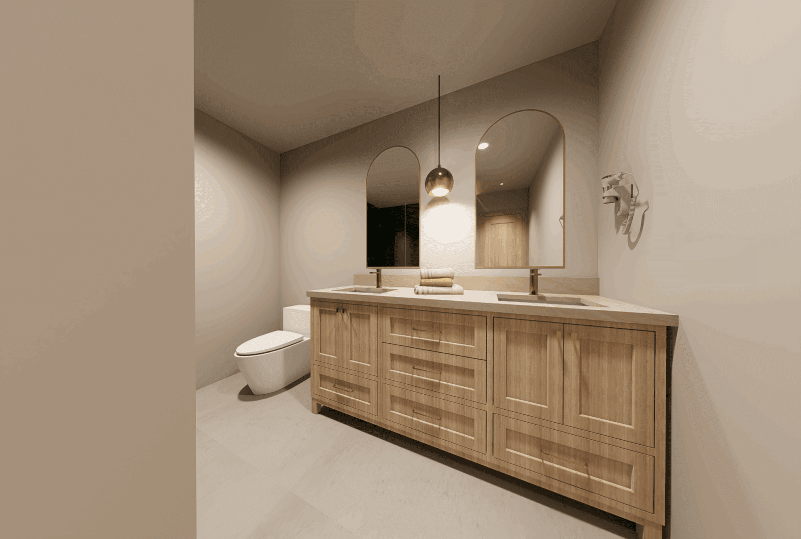 Modern bathroom with wooden vanity and mirrors.