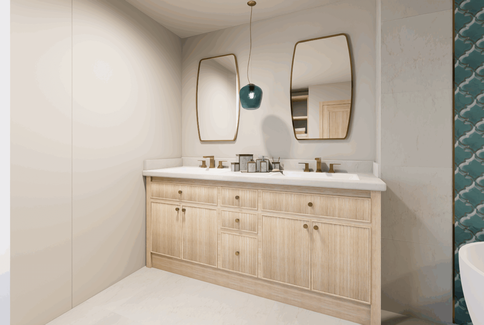 Modern bathroom with double mirrors and sink.