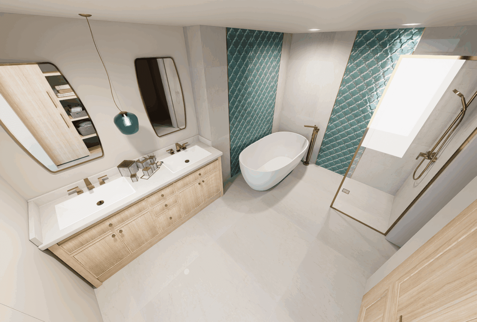 Modern bathroom with tub and shower.