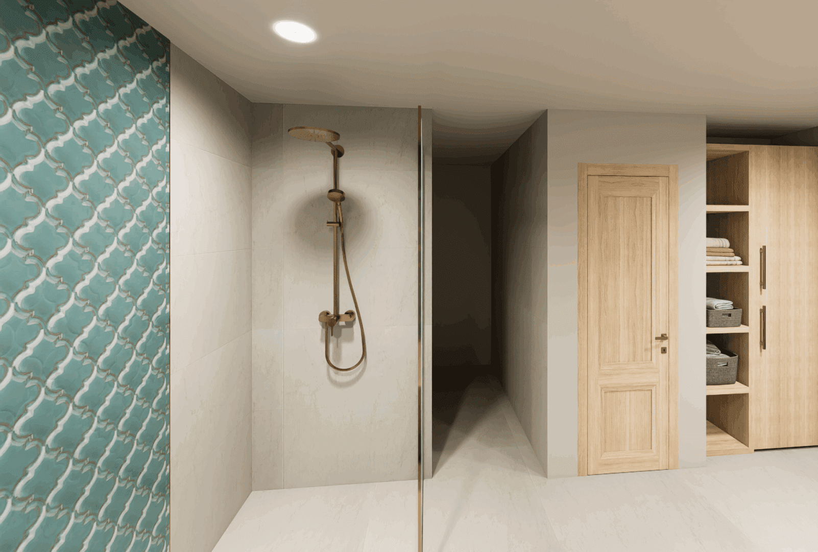 Modern bathroom with shower and storage area.