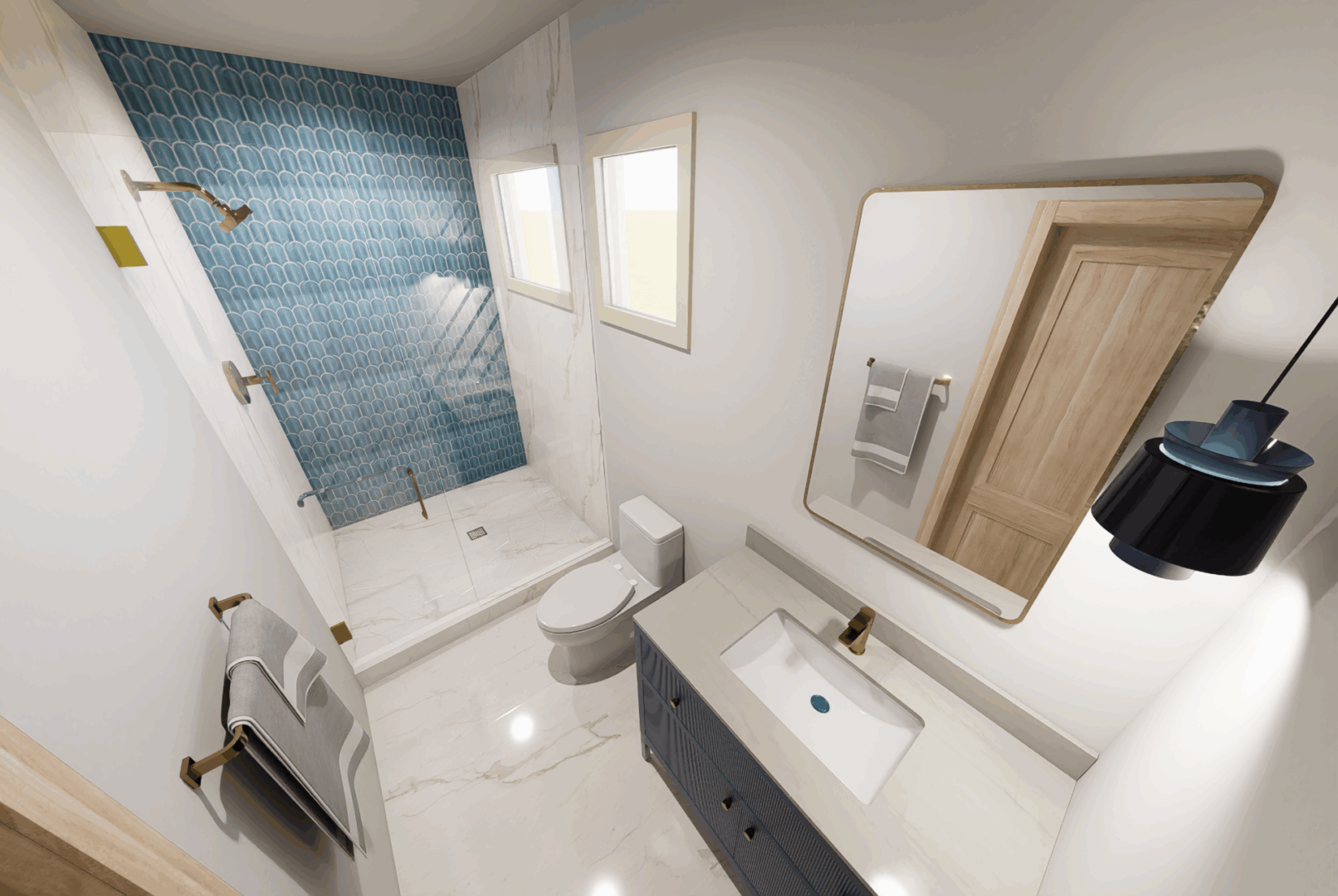 Modern bathroom with blue-tiled shower.