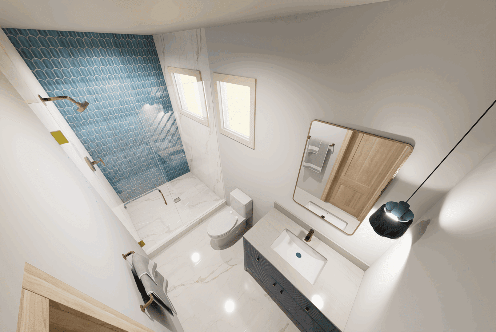 Modern bathroom with blue-tiled shower area.