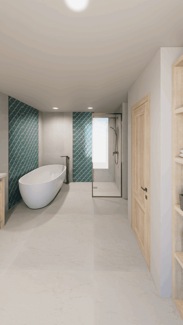 Modern bathroom with bathtub and shower area.